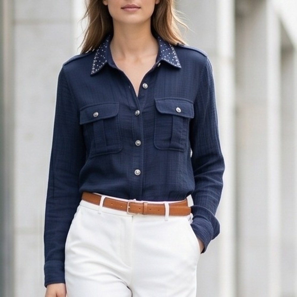 Monique Fashions 12 Navy Blue Studded Military Shirt Vintage Cotton‎ Blend